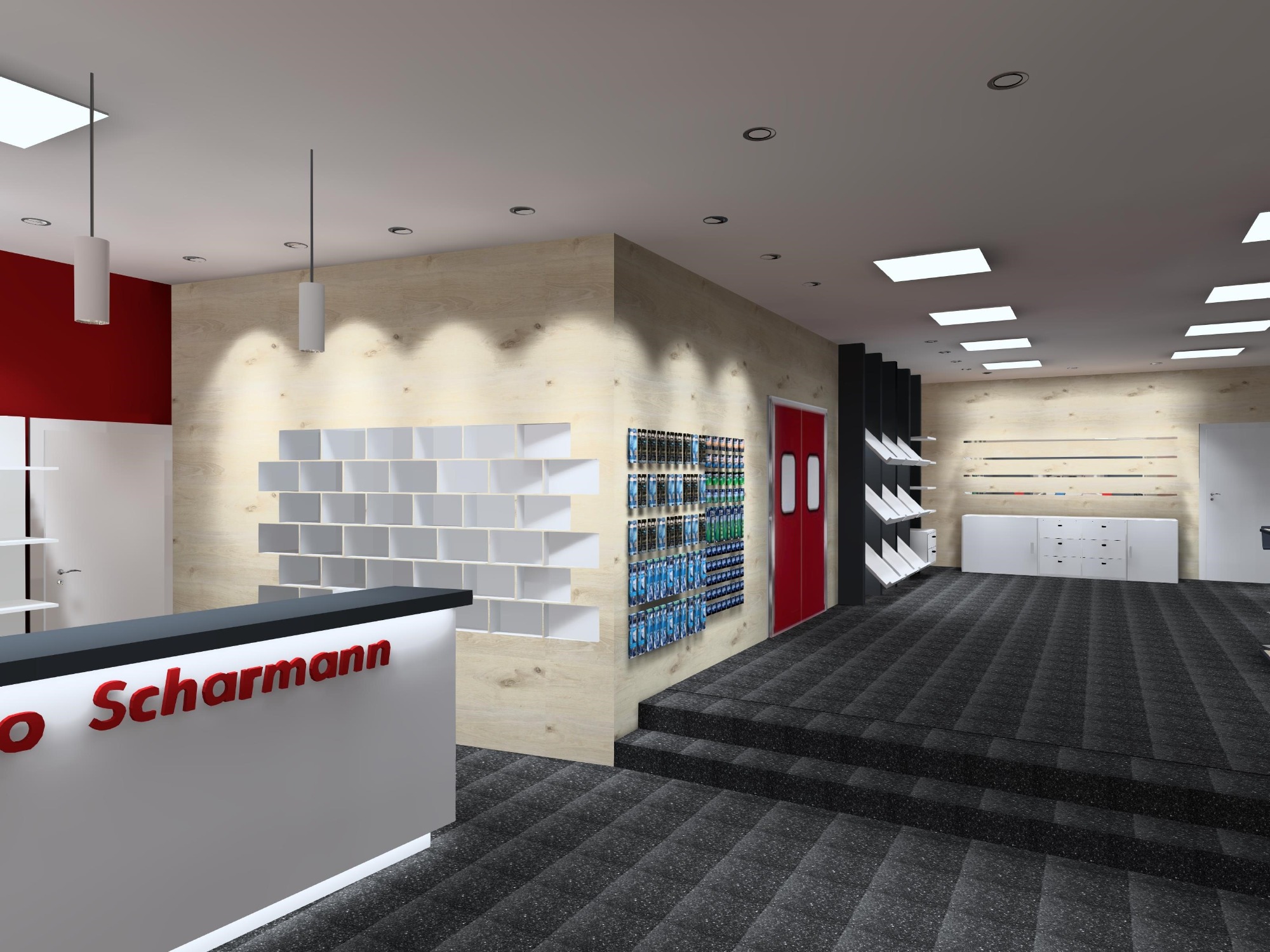 Elektro Scharmann lokal laden innenarchitektur Moderne Verkaufsfläche mit Empfangstheke und Regalen in neutralen Farben.