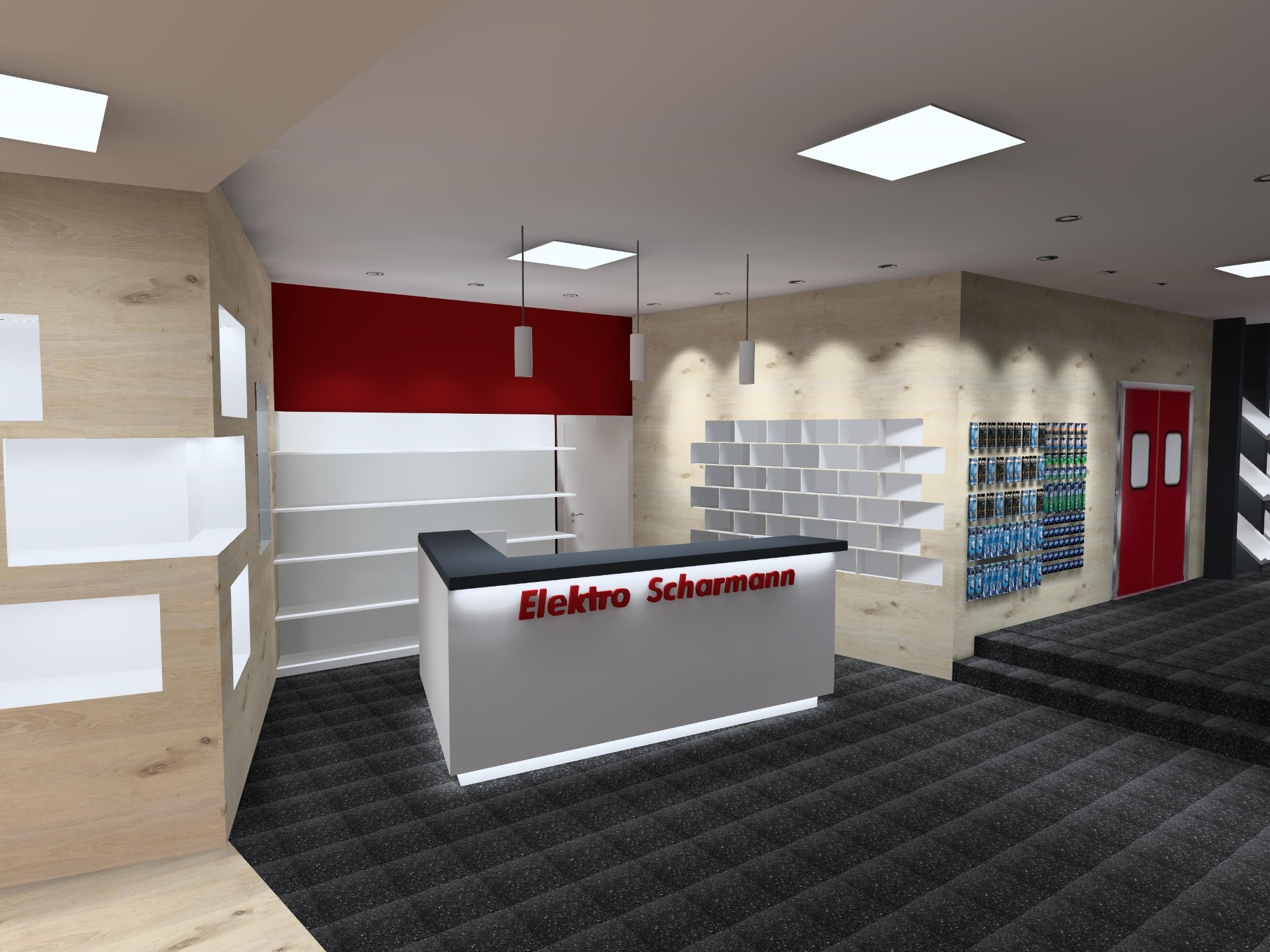 Moderne Empfangstheke mit roten Akzenten in einem hellen, minimalistischen Raum.