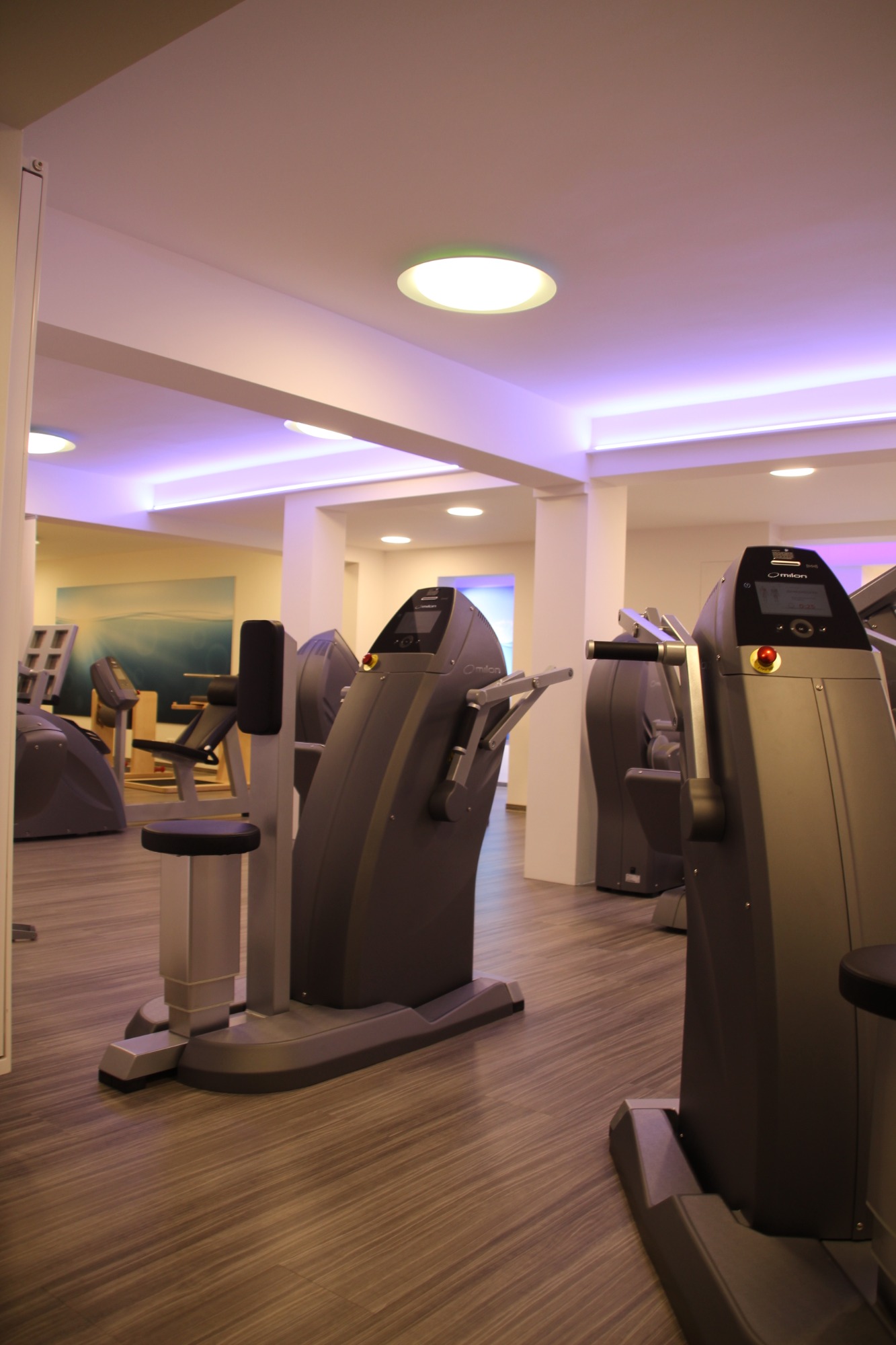 Fitnessraum mit modernen Trainingsgeräten und sanfter Beleuchtung.