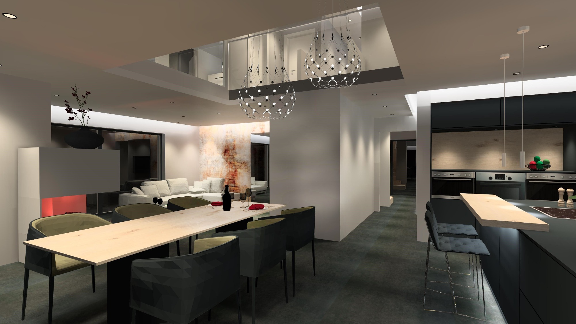 Modernes, offenes Wohnzimmer mit Essbereich und minimalistischem Design.