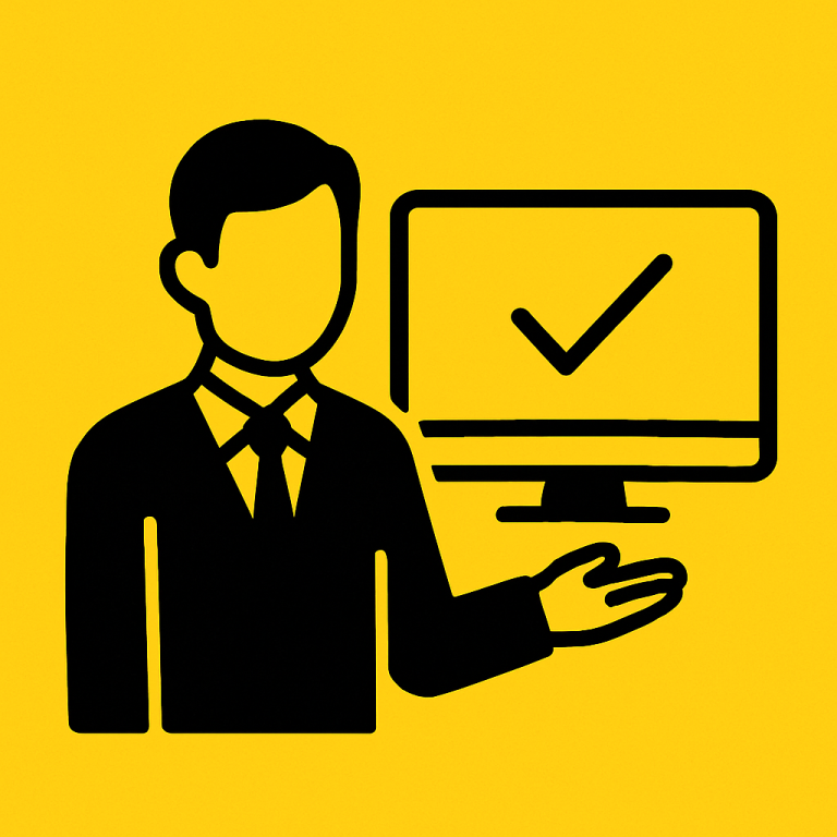 Fertige Ausarbeitung Mann im Anzug zeigt auf einen Bildschirm mit einem Hakensymbol.