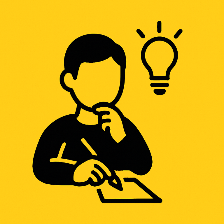 Ideen Konzept Person denkt nach und hält einen Bleistift über ein Blatt Papier, mit einer Glühbirne darüber.