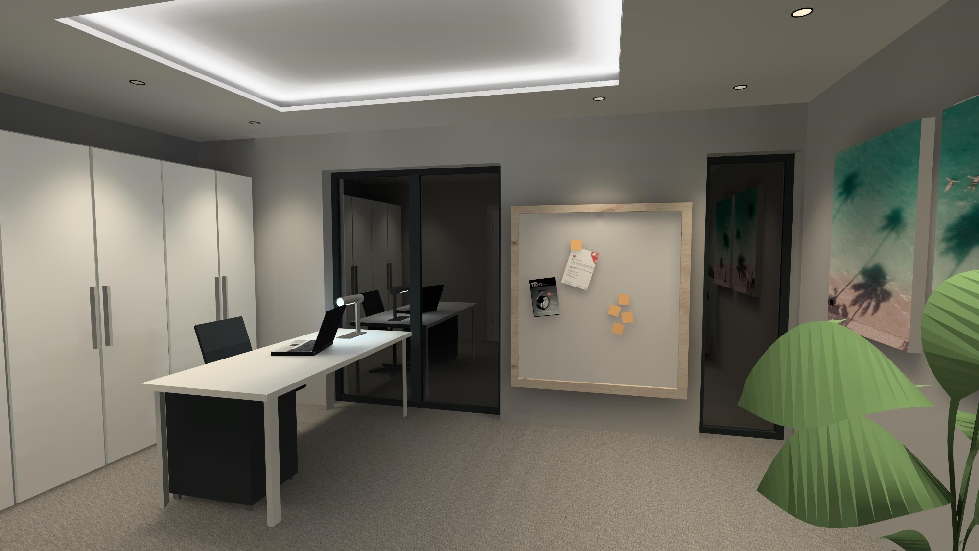 Moderne Büroumgebung mit Tisch, Stühlen und Pflanzen, helle Beleuchtung und schlichte Dekoration.